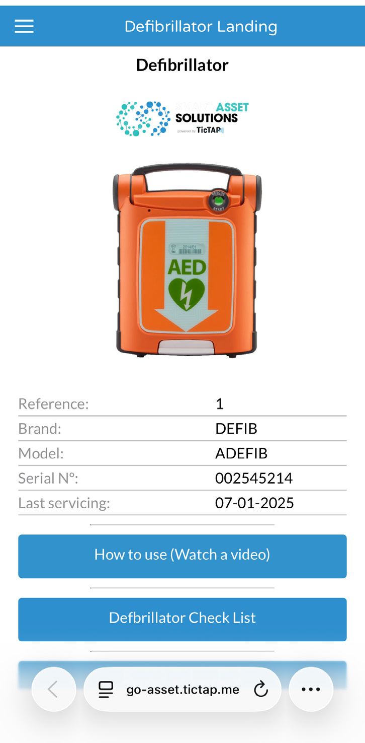 Asset Passport app showing defibrillator record