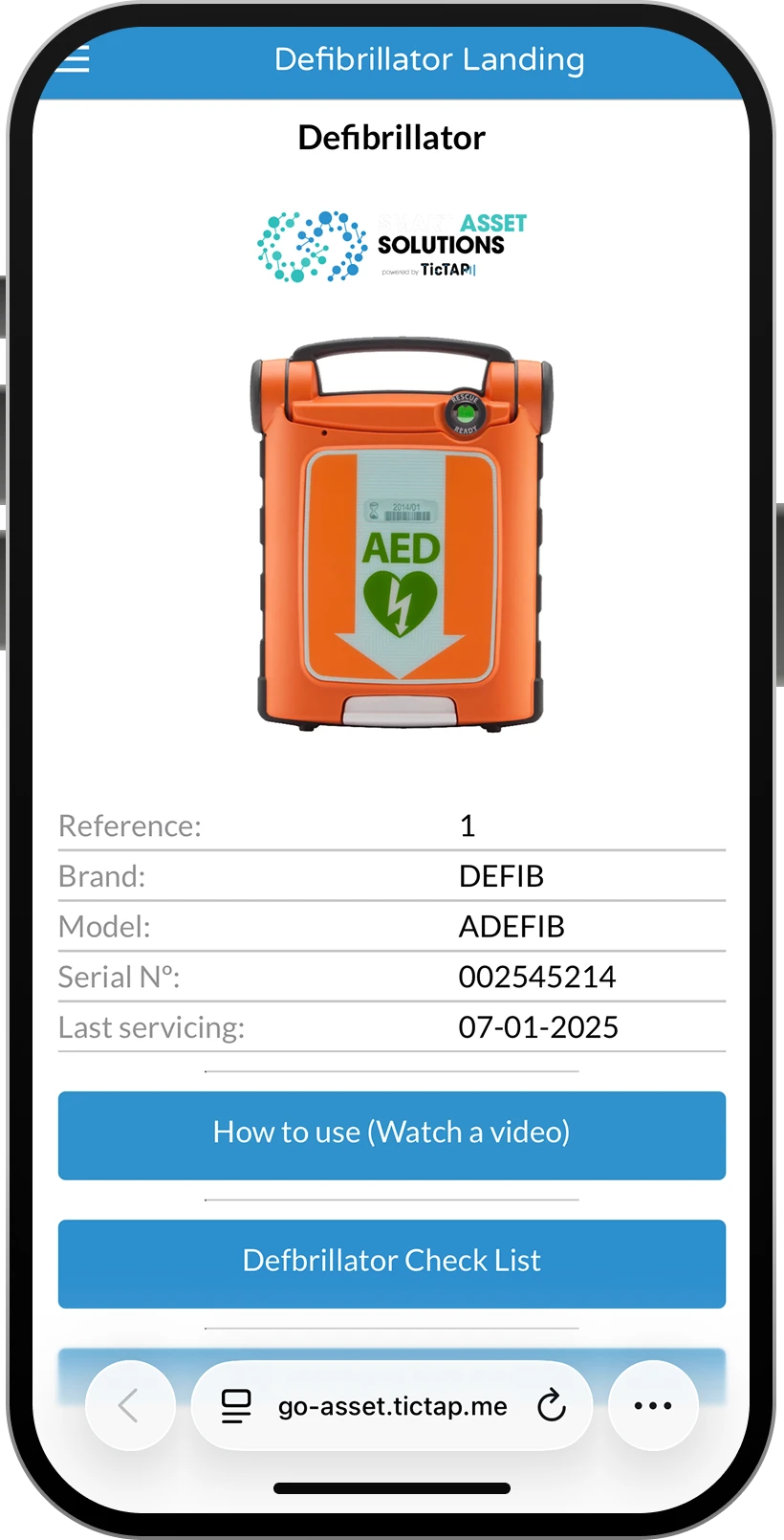 Asset Passport app showing defibrillator record
