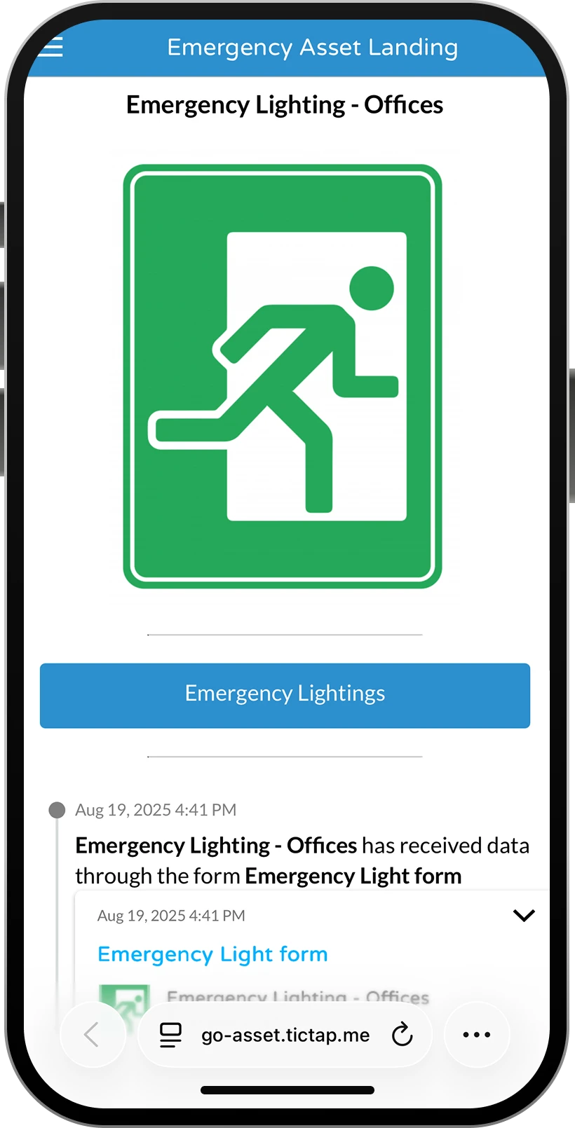Asset Passport app showing emergency lighting asset