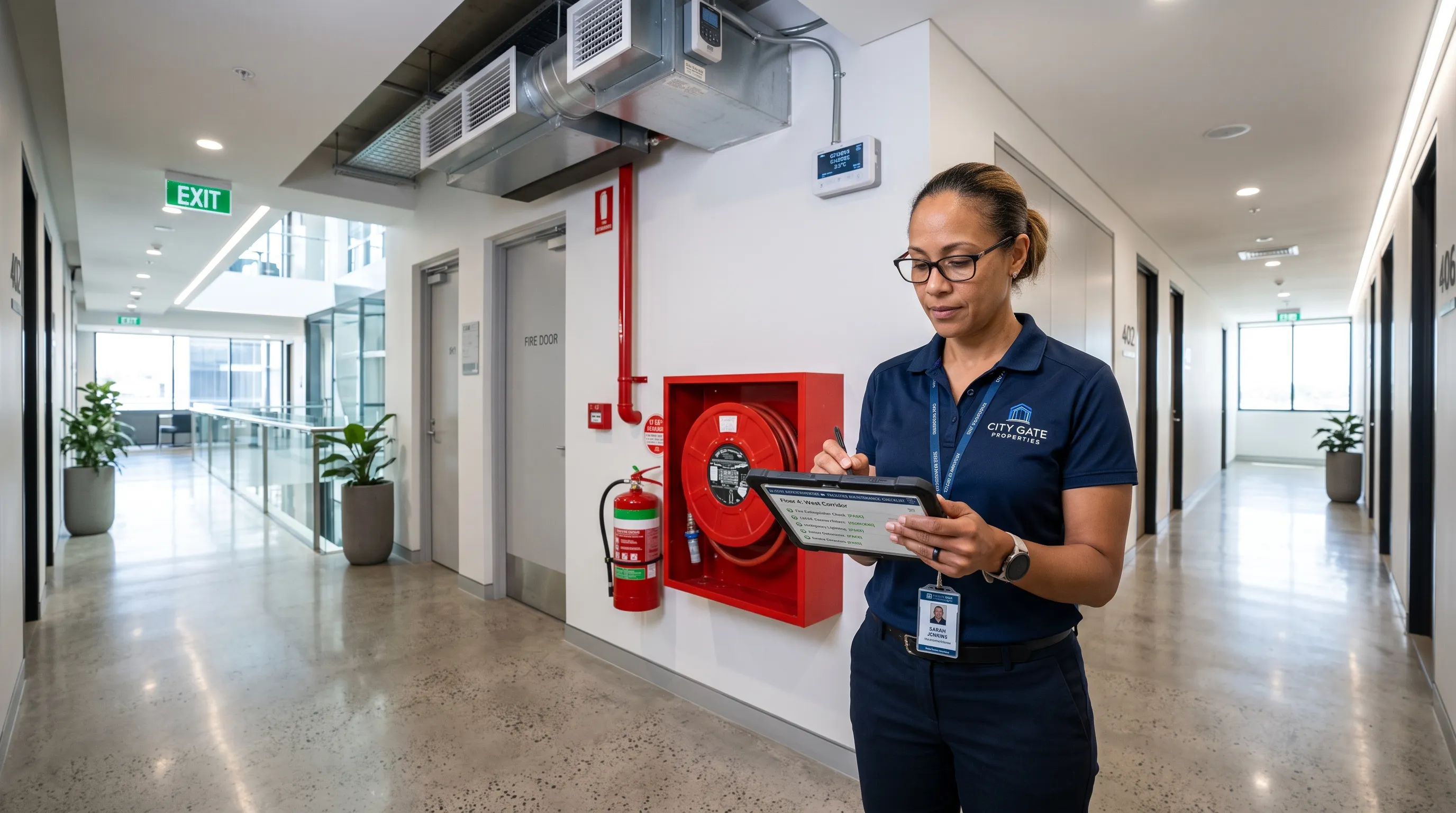 Facilities manager conducting a digital inspection in a commercial building