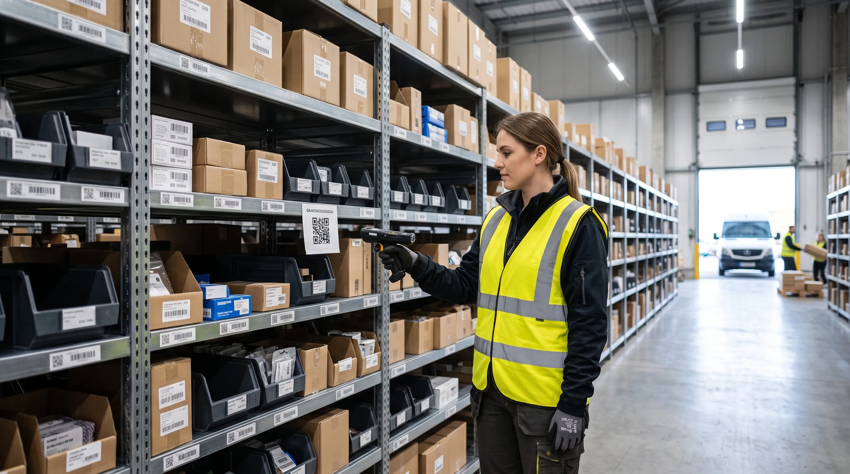 Warehouse worker scanning QR codes on stock shelving