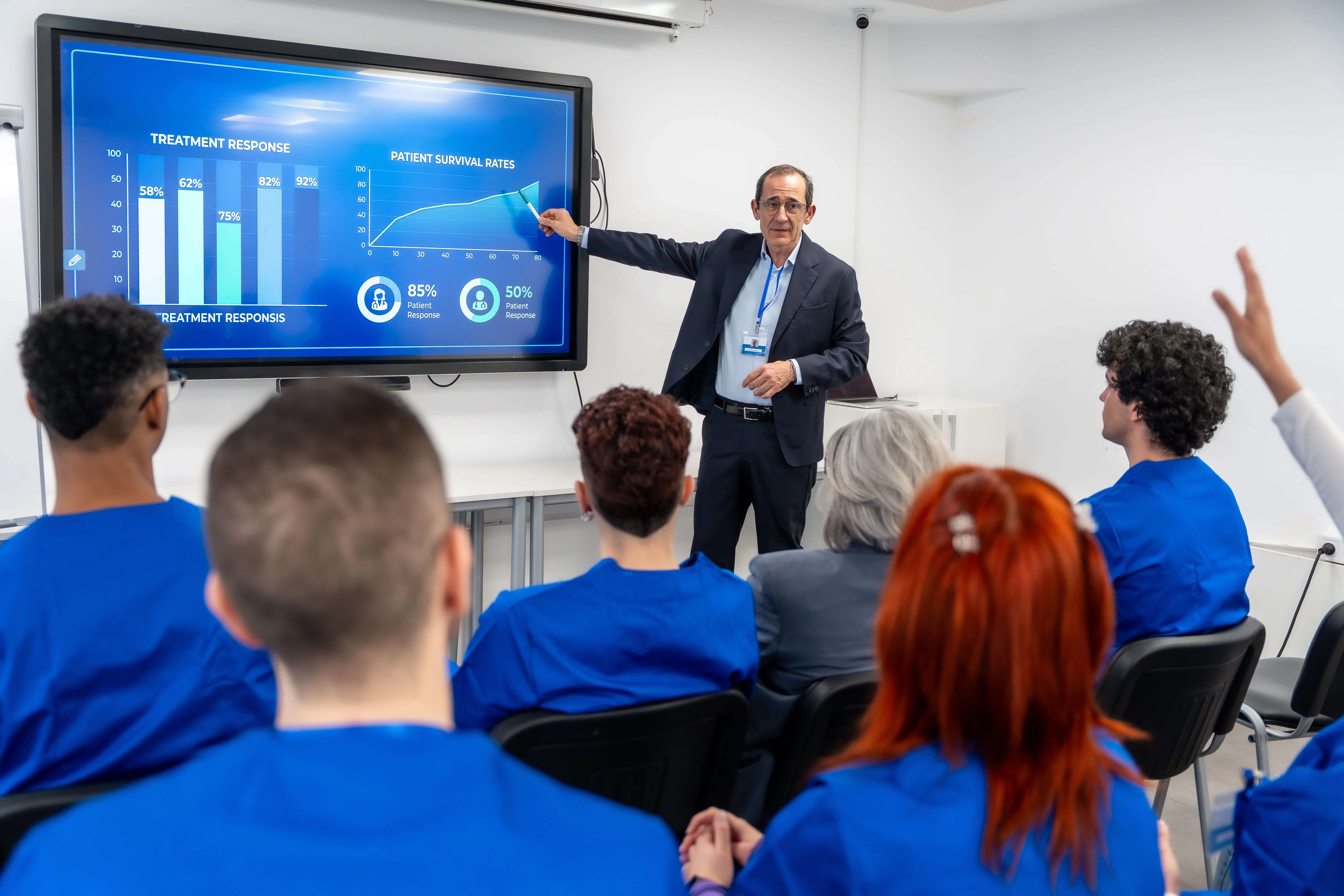 Trainer presenting performance data to a group in a lecture room