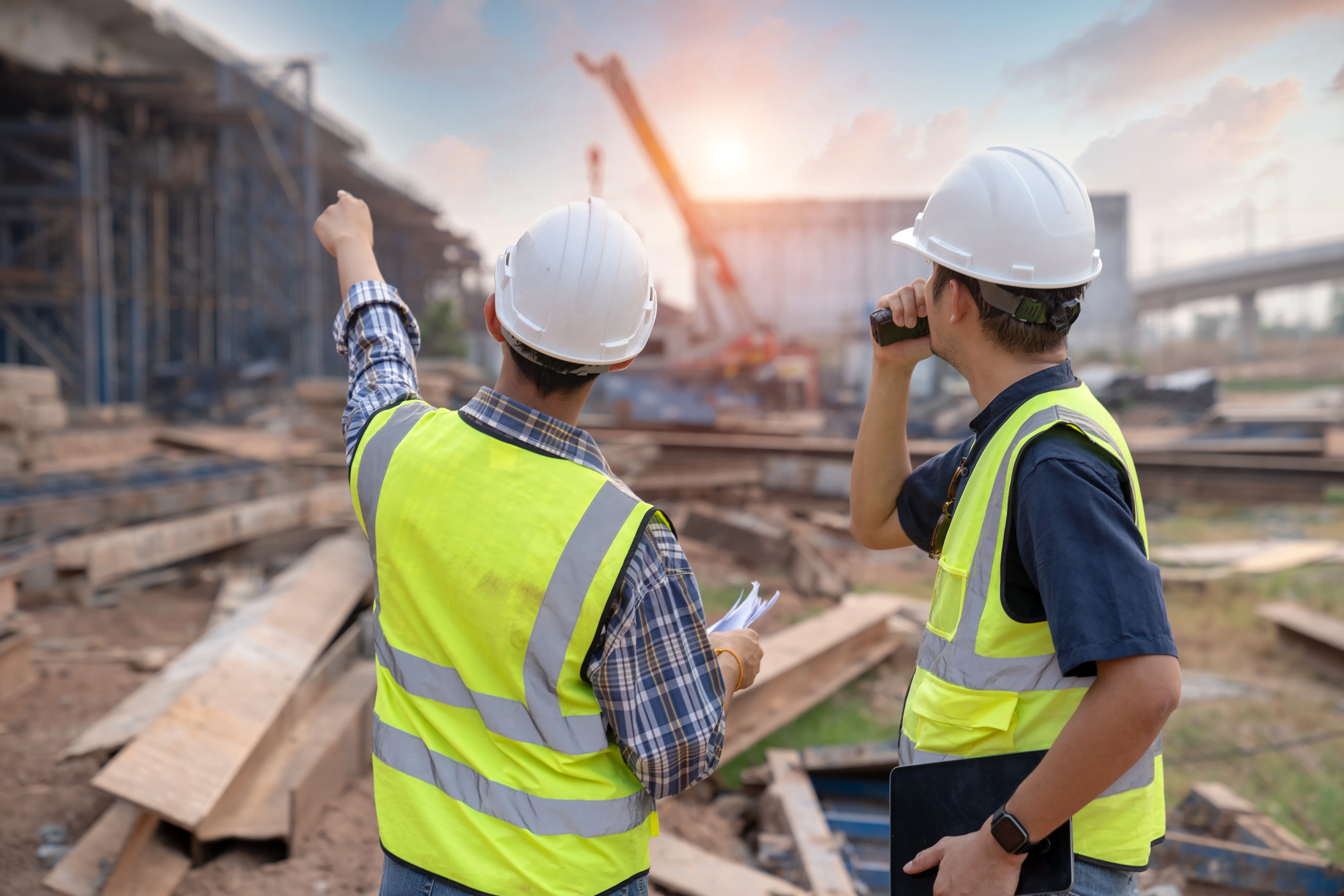 Engineers in hi-vis reviewing a construction site