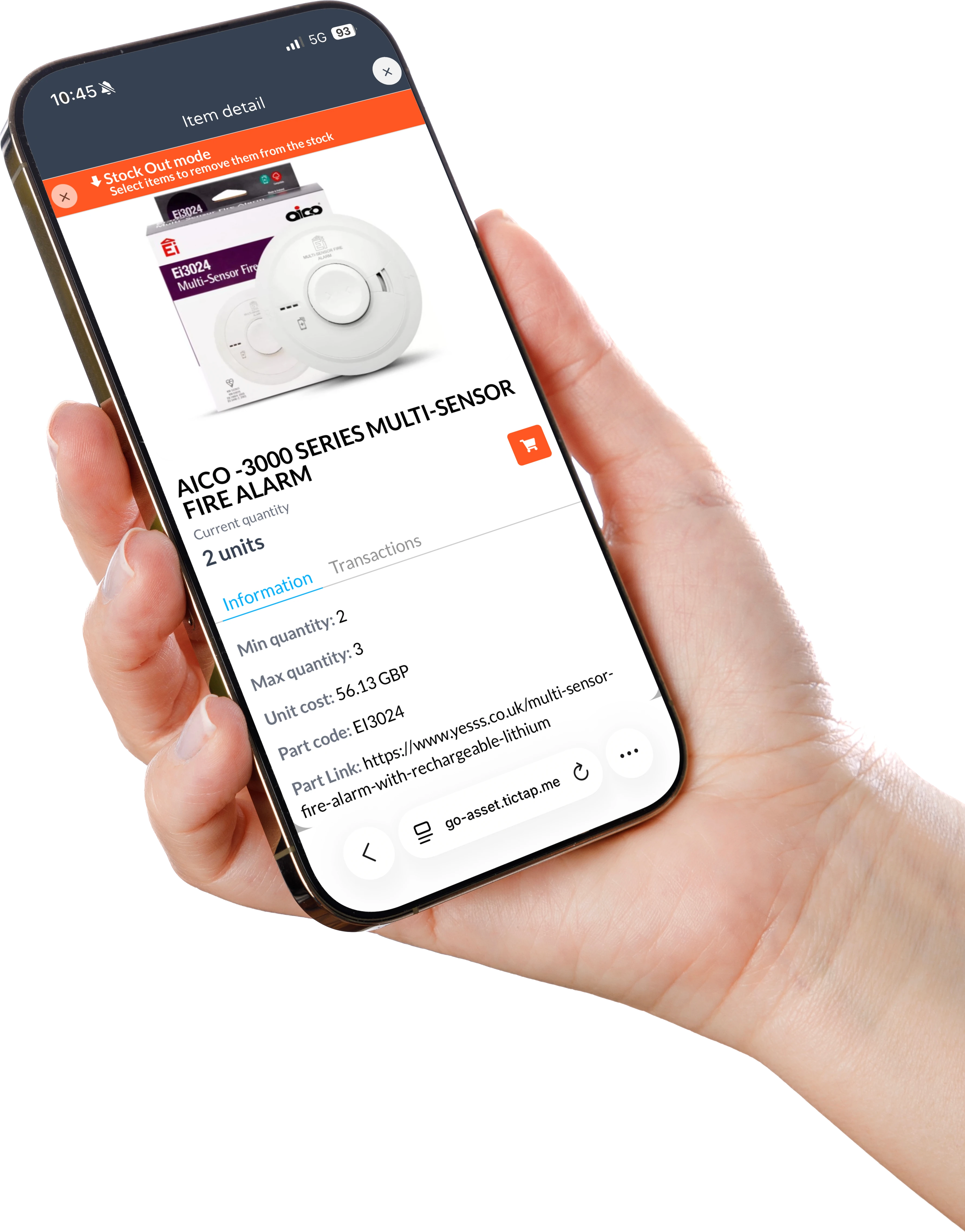 Smart Asset Solutions mobile app showing a stock item detail screen